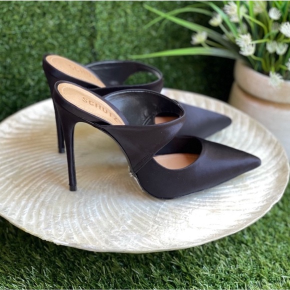 Black Satin Mule Pumps - Picture 3 of 5